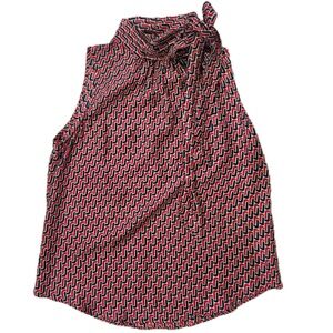 Joie Blouse Womens XS Red High Neck Silk Geometric Bow Button Sleeveless